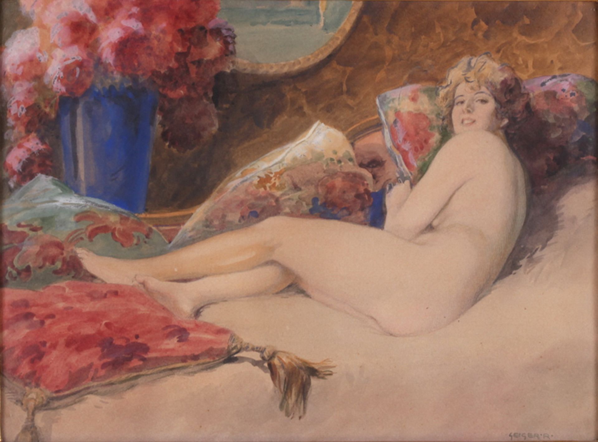 Geiger, Richard. Naked on the sofa. [Late of the XIX - beginning oh the XX century]. 38,5x49,5 cm. < - Bild 2 aus 4