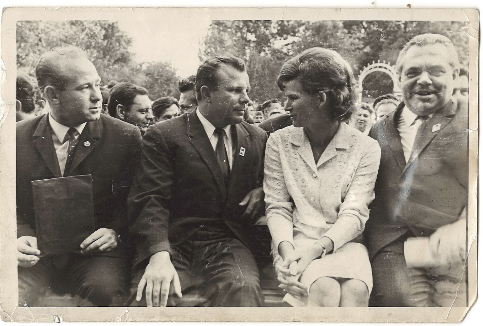 [Soviet]. Photograph "Alexei Leonov, Yuriy Gagarin and Valentina Tereshkova". 1960s.<br>