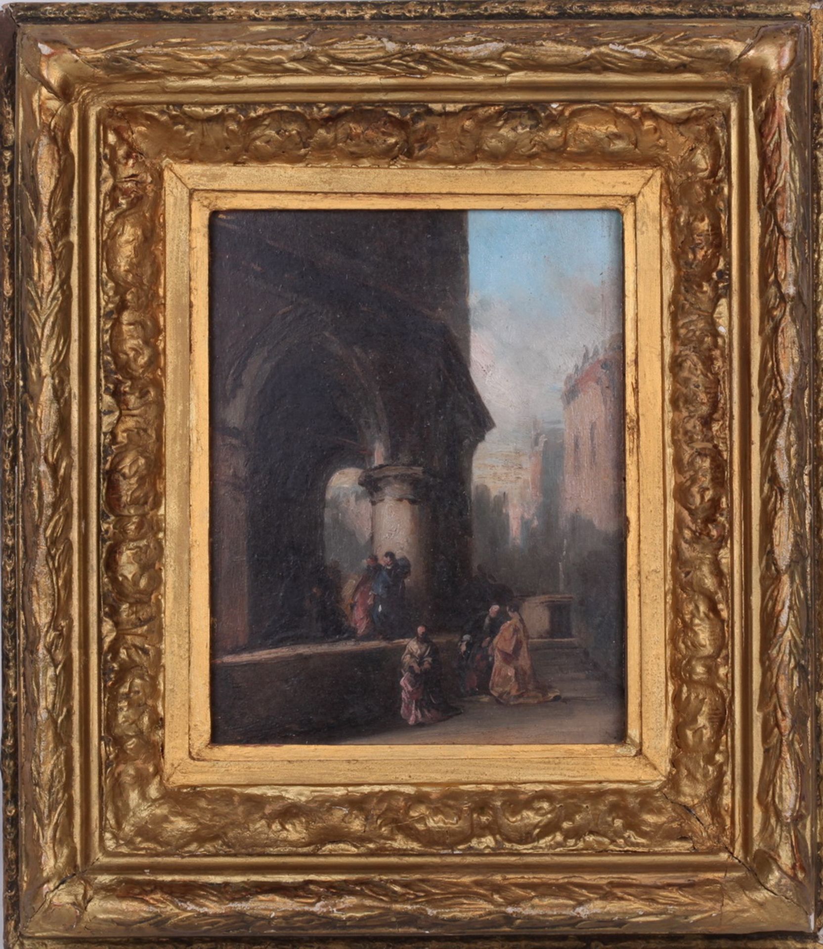 Pierre-Nolasque Bergeret (1782-1863). Genre scenes next to a church.<br>Framed.  1850s. Wood, oil. 2