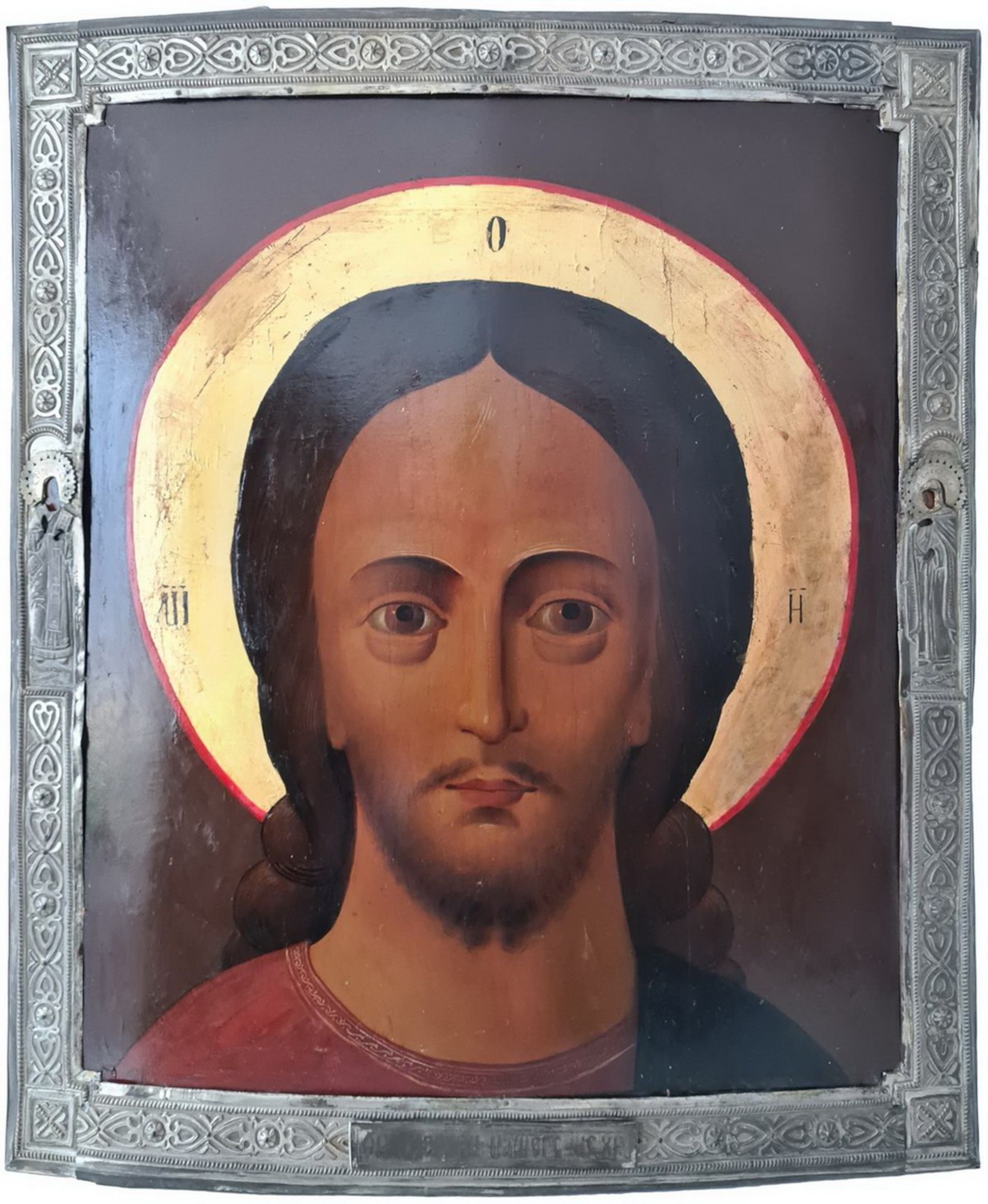 [Large]. Russian icon "Saviour with Fearsome Eye" with a metal basma oklad. - 19th century;