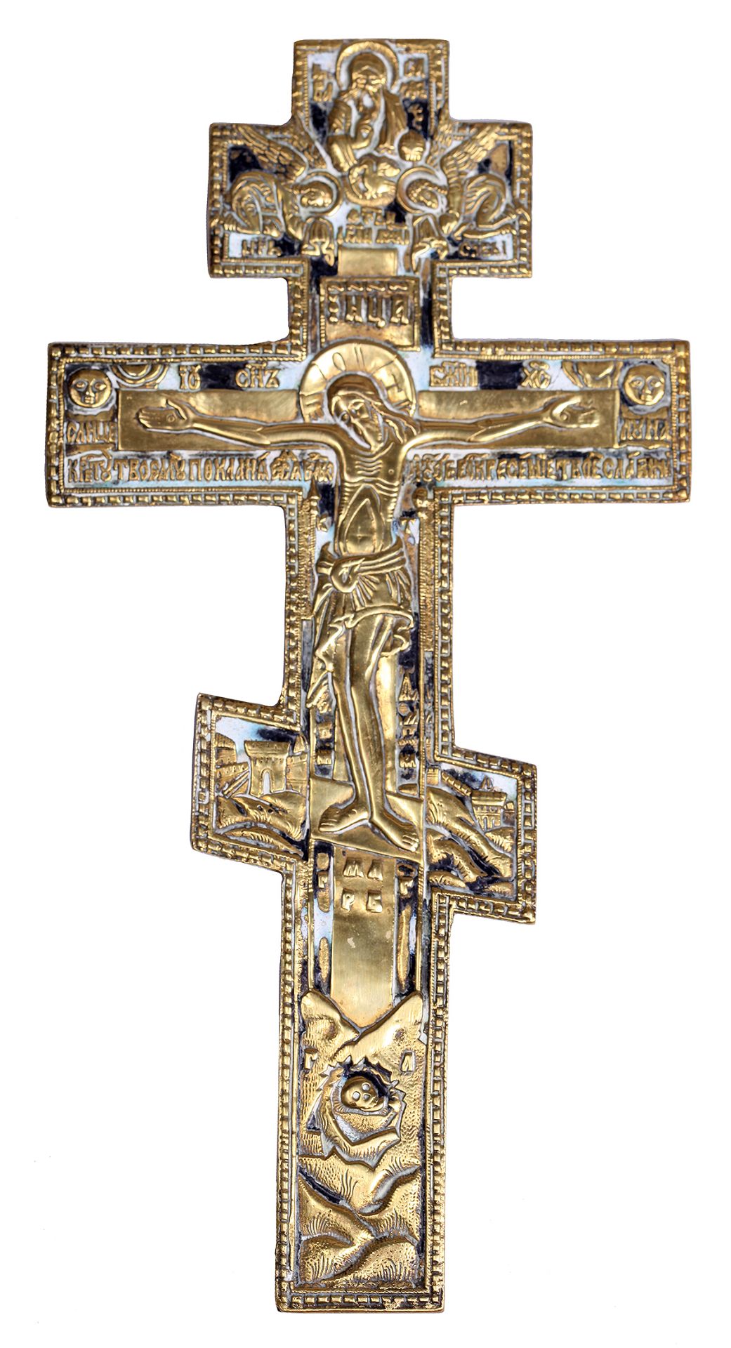 [Russian]. A brass crucifix. - 19th century. - 27x13,5x0,3 cm.<br>Brass, enamel.