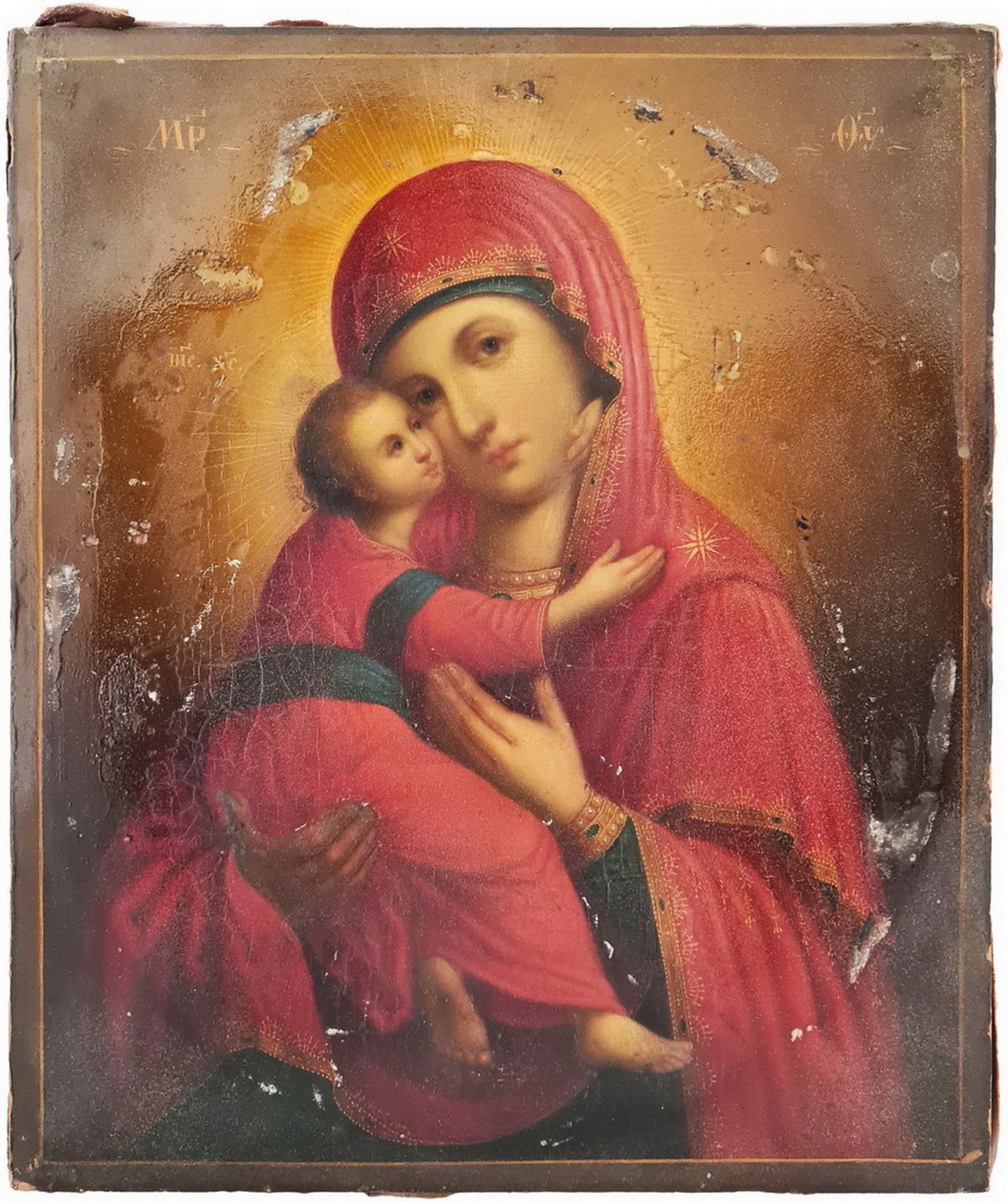 Russian icon "Mother of God Vladimirskaya ". - 19th century; 32x27 cm.<br> Oil on wood, levkas. Over - Bild 3 aus 8