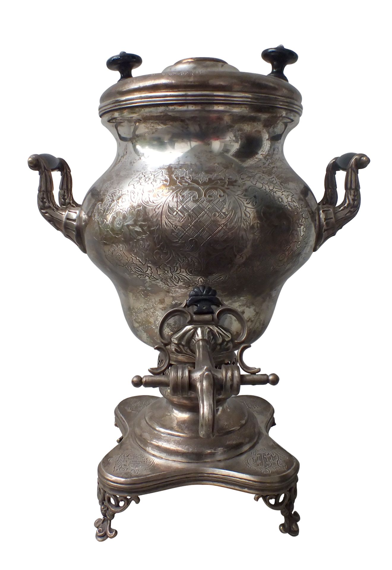 Russian Samovar. Moscow.<br>Silver. Floral ornament. Wood. Marks: "84" hallmark, Moscow town arms "S - Bild 2 aus 3