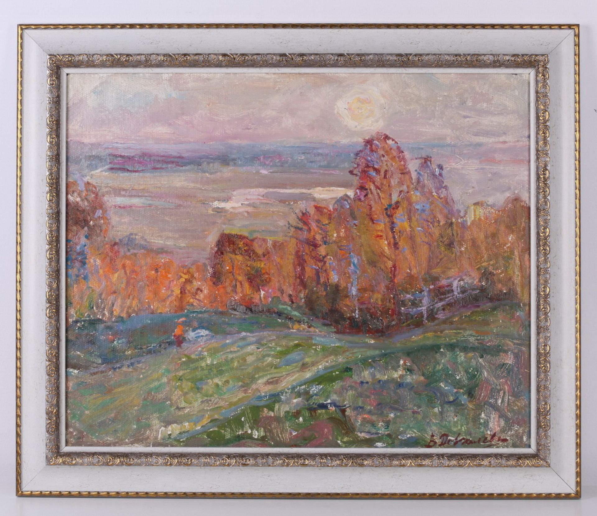 Dovgalevskaya, Vera. Sun above Dnepr.Signed and framed. [Second half of the XX century]. Oil on - Bild 3 aus 4