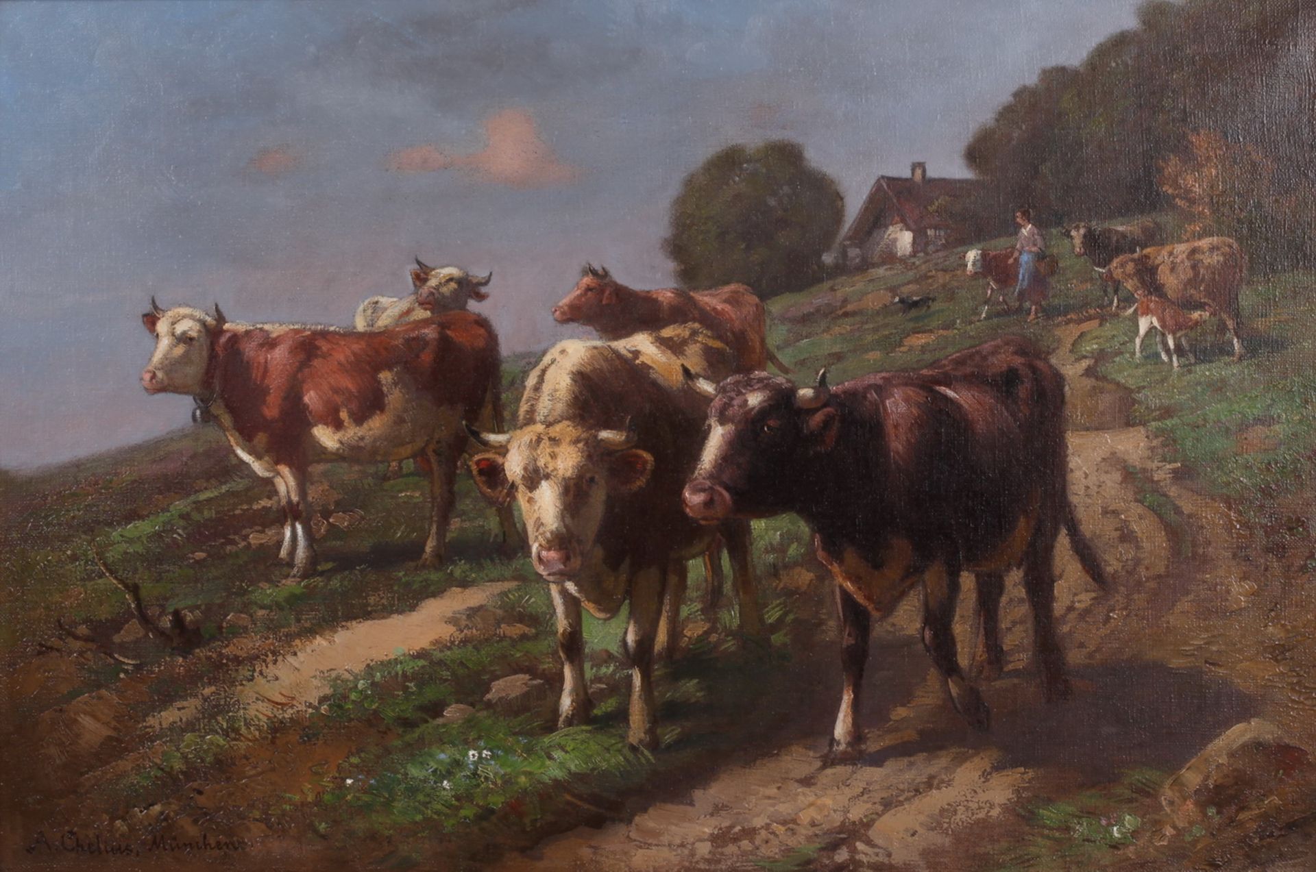 Chelius, Adolf. View with cows. <br>Signed and framed. 1910s. Oil on canvas. 40x60 cm.