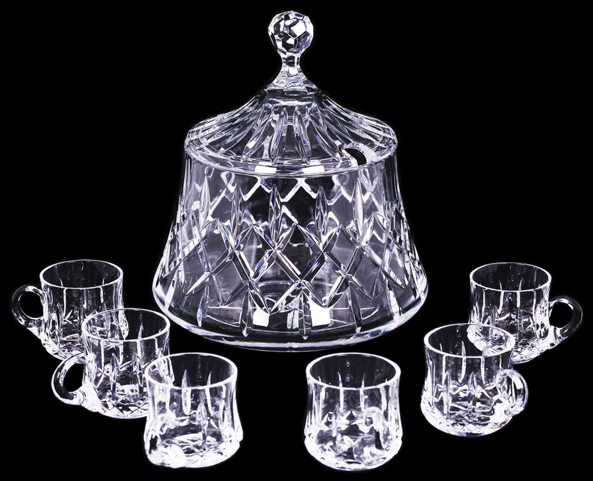 Russian Lead glass punch set: Shtof and 6 cups. Russia, early 20 century.<br>Shtof: H=28 cm, D=25 см