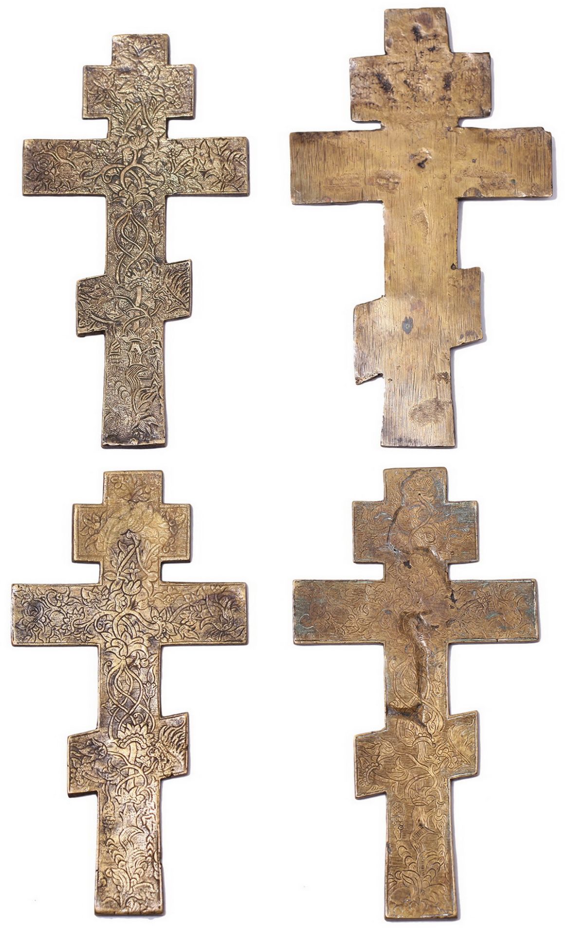 Four brass crucifix. - Russia, 19th century. Size: from 19x10 to 20x12 cm.<br>Brass. Enamel.  - Bild 3 aus 3