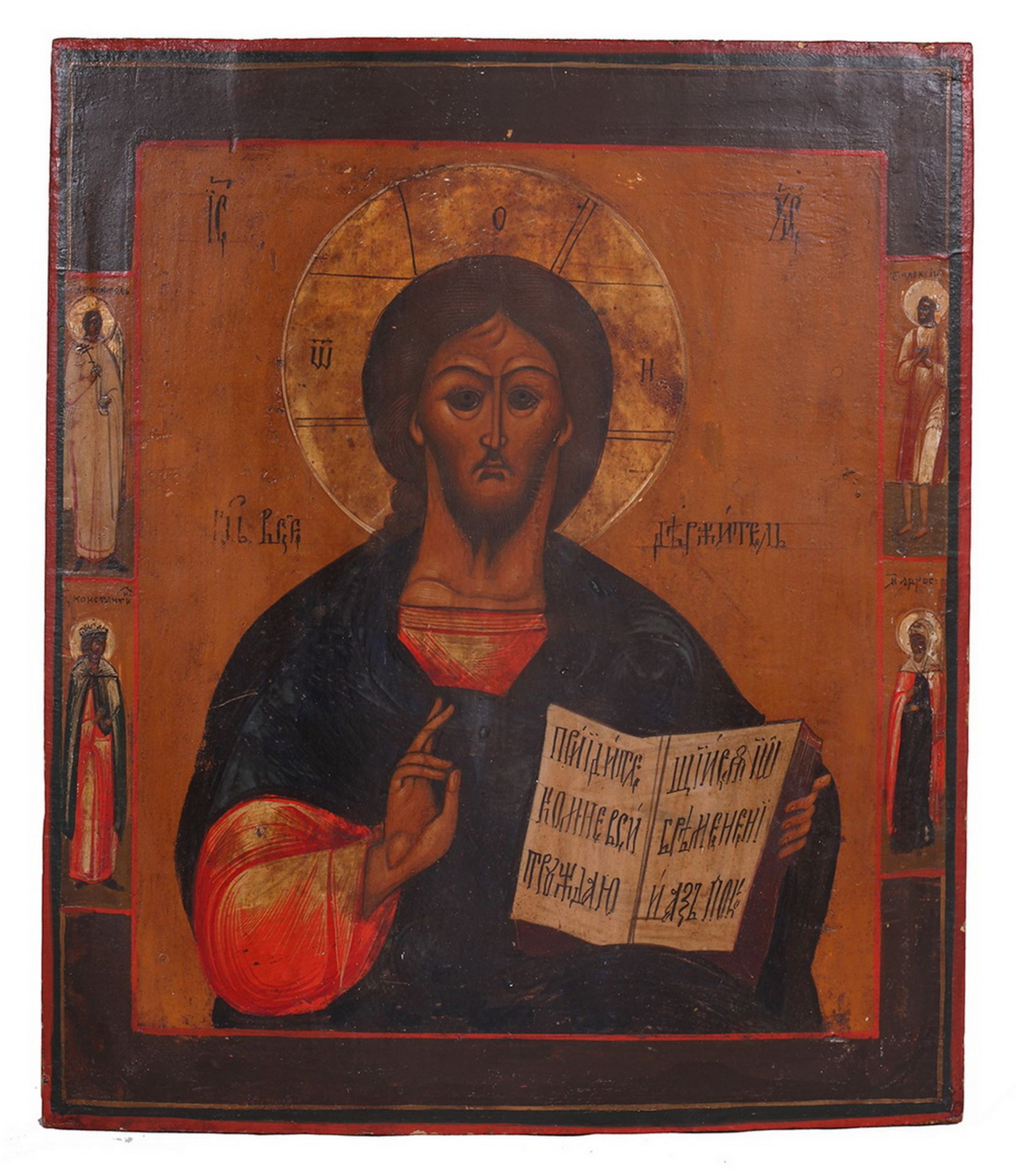 Russian icon "Christ Pantocrator with selected saints". - 19th century. - 31x27 cm.<br>Tempera on wo