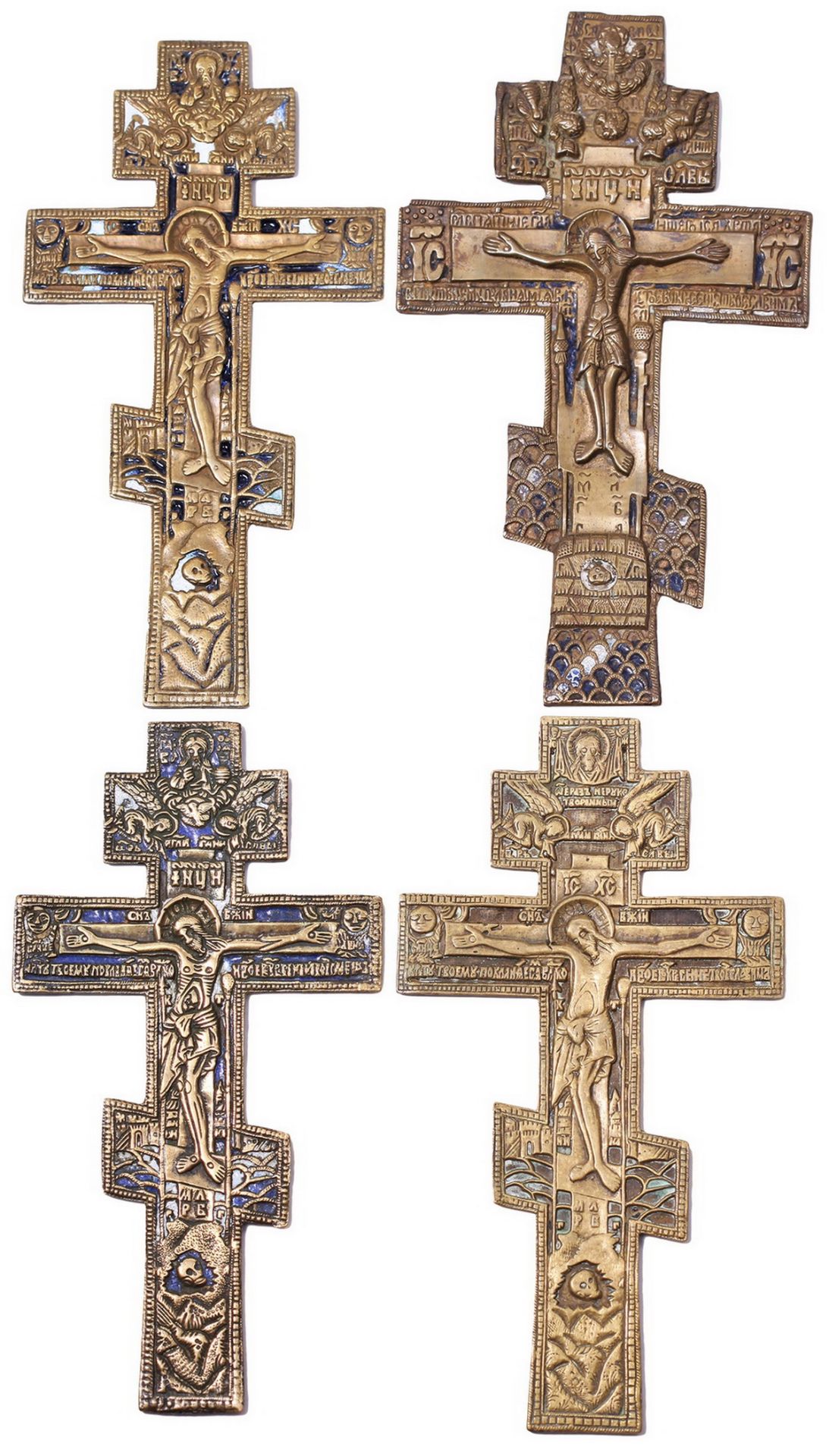 Four brass crucifix. - Russia, 19th century. Size: from 19x10 to 20x12 cm.<br>Brass. Enamel.  - Bild 2 aus 3
