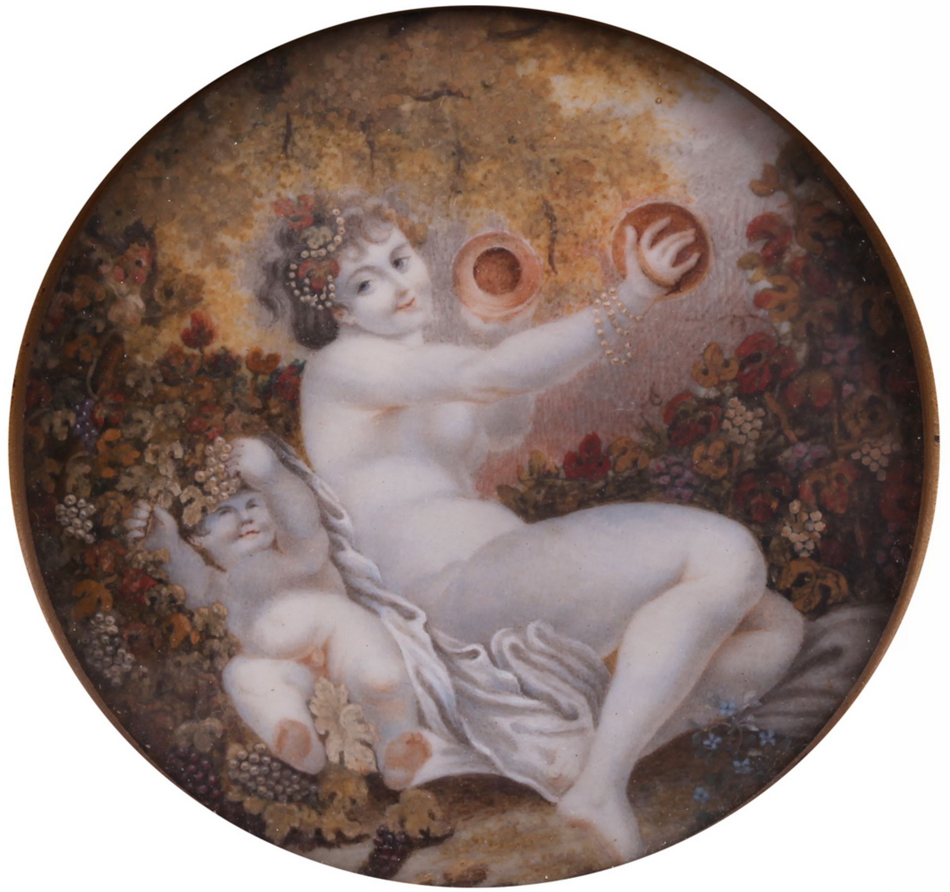 Pair of porcelain paintings "Cupids". [XIX century]. <br>Europe. Dimensions:  8 cm (diameter), 11,6x