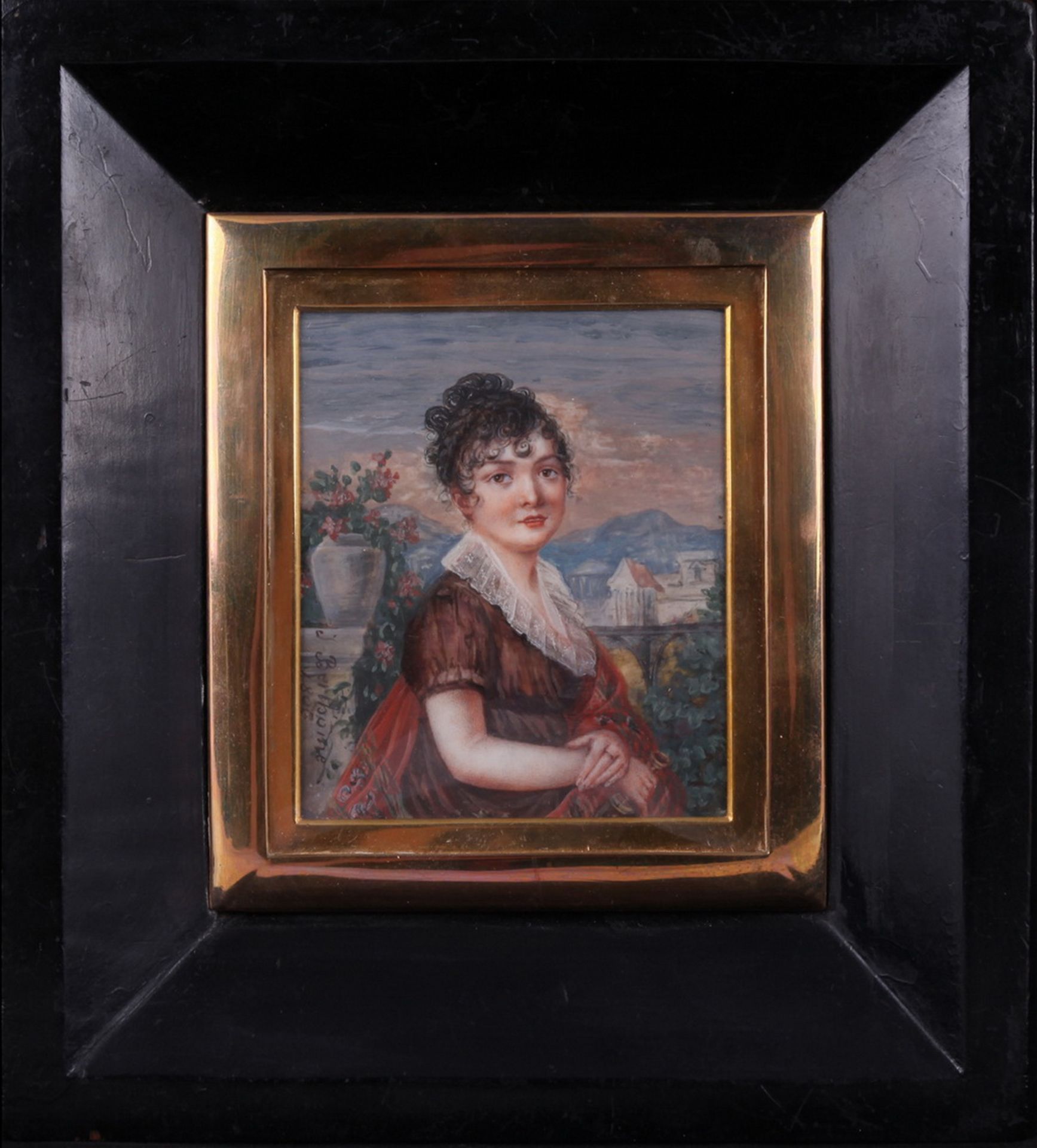 Beetham, Jane. Portrait of Mrs. Dixon. Porcelain painting. 1806. 9,5x8 cm.<br>Framed. - Bild 3 aus 3