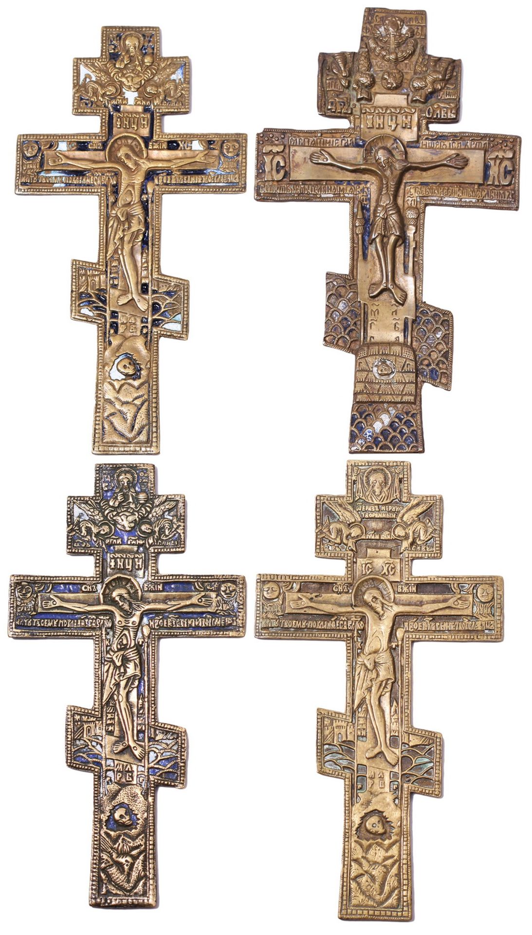 Four brass crucifix. - Russia, 19th century. Size: from 19x10 to 20x12 cm.