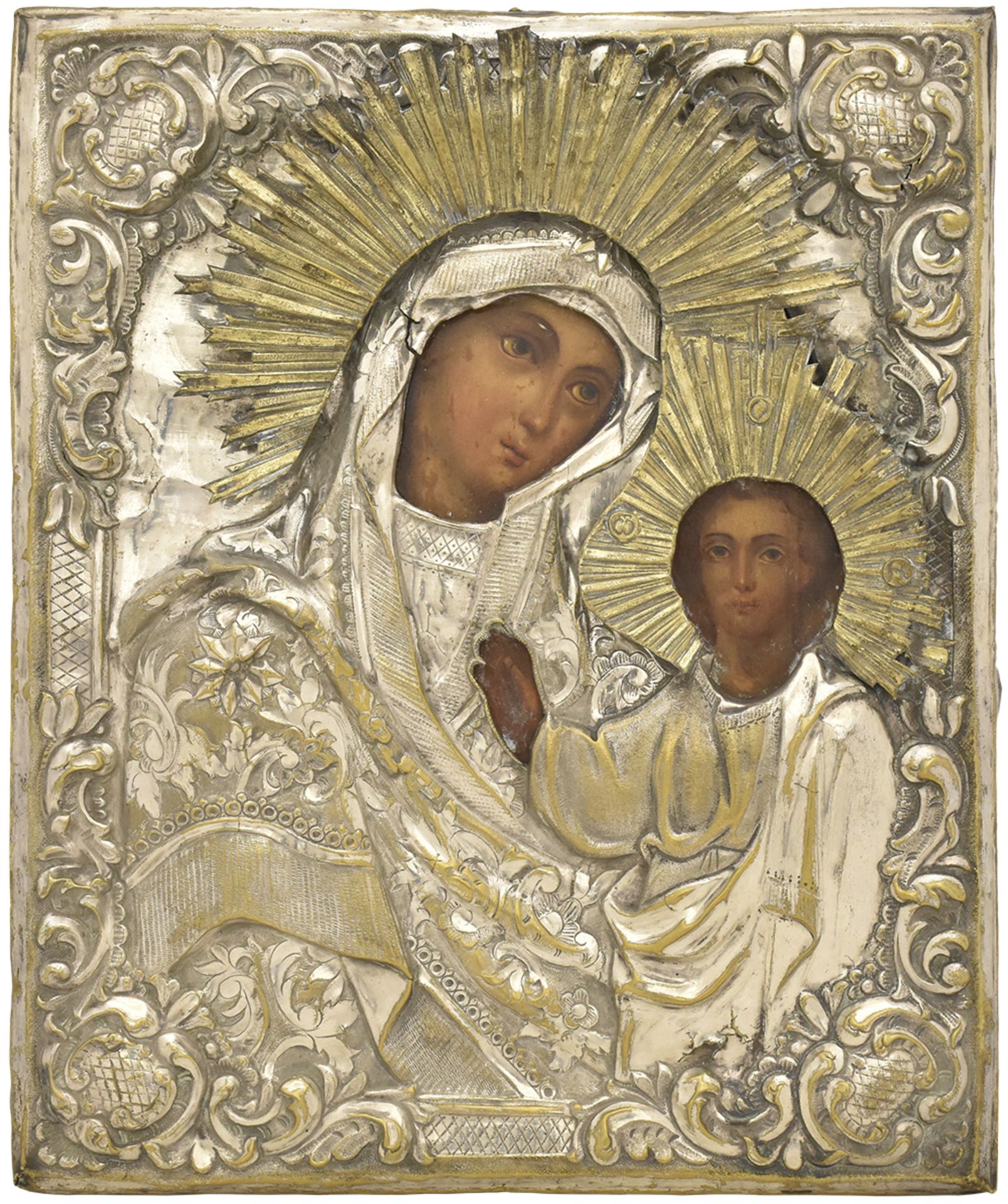 Russian icon "Kazanskaya mother of God" in metal oklad, 19th century, 32x26 cm.