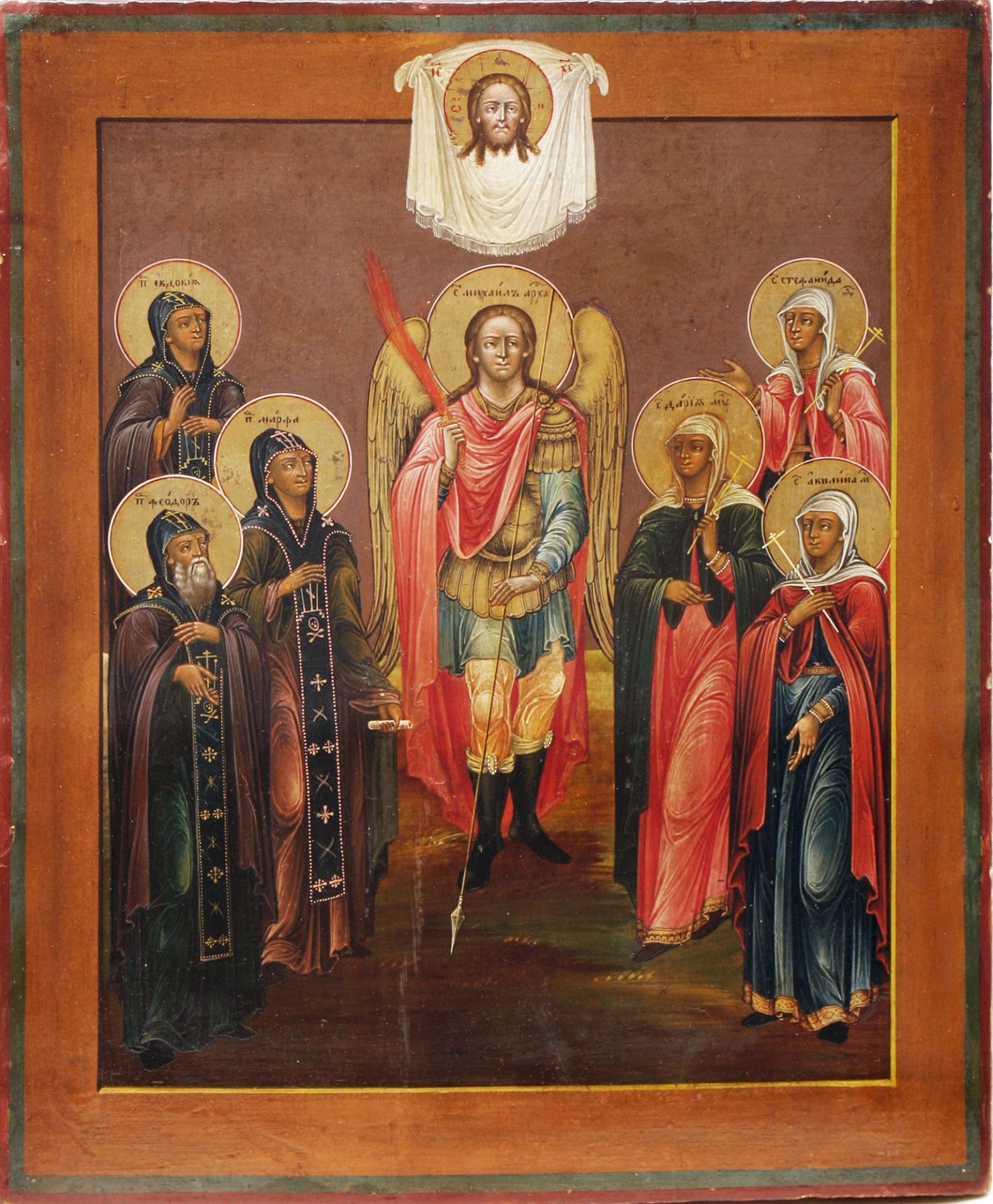 [Large. Russian icon]. Saint Archangel Michael with saints Daria, Stefanida, Akilina, Marfa, Evdokia