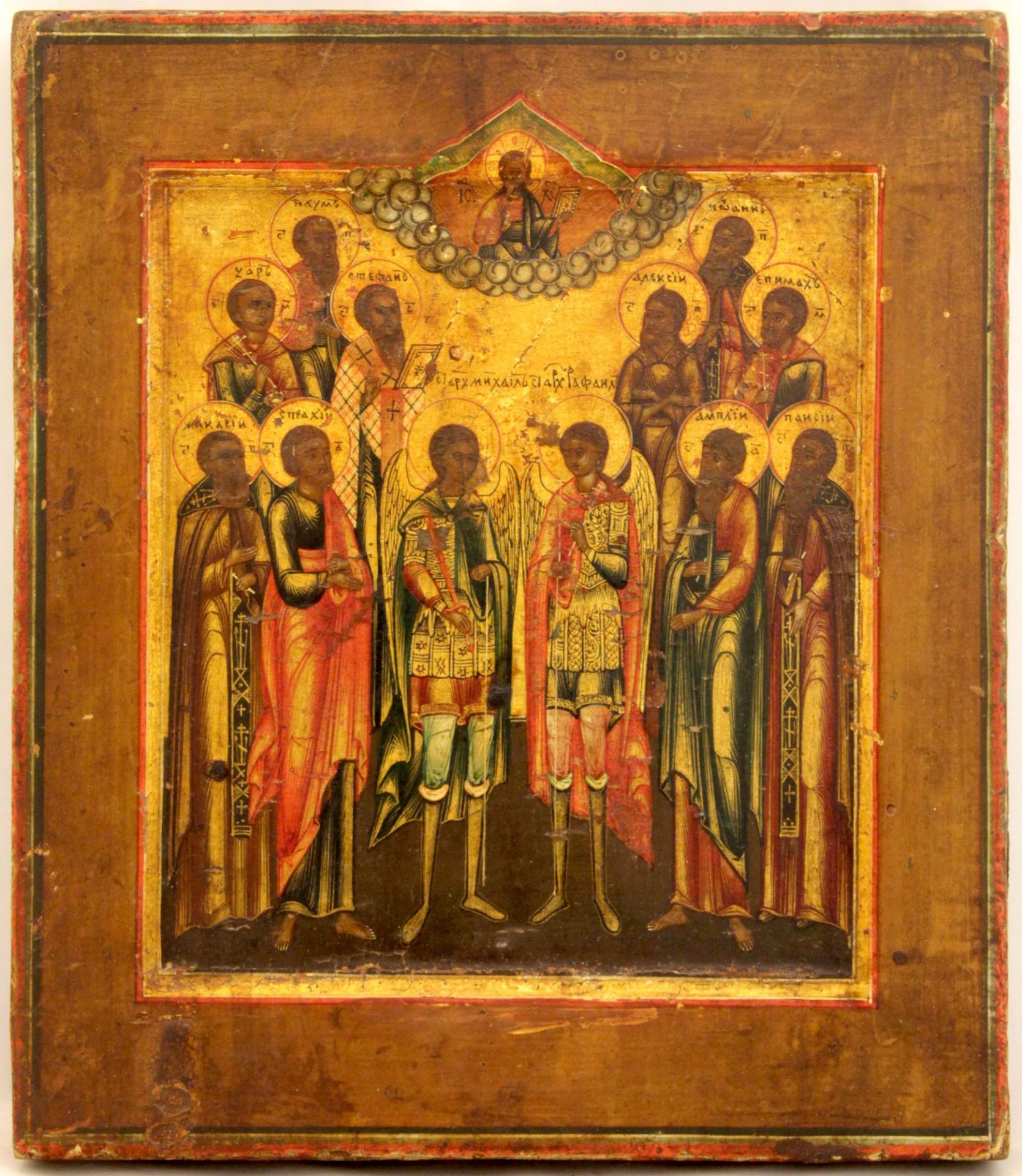 Russian icon Archangels Saints Michael, Raphael and selected saints. 19th century. - 19x22 cm.