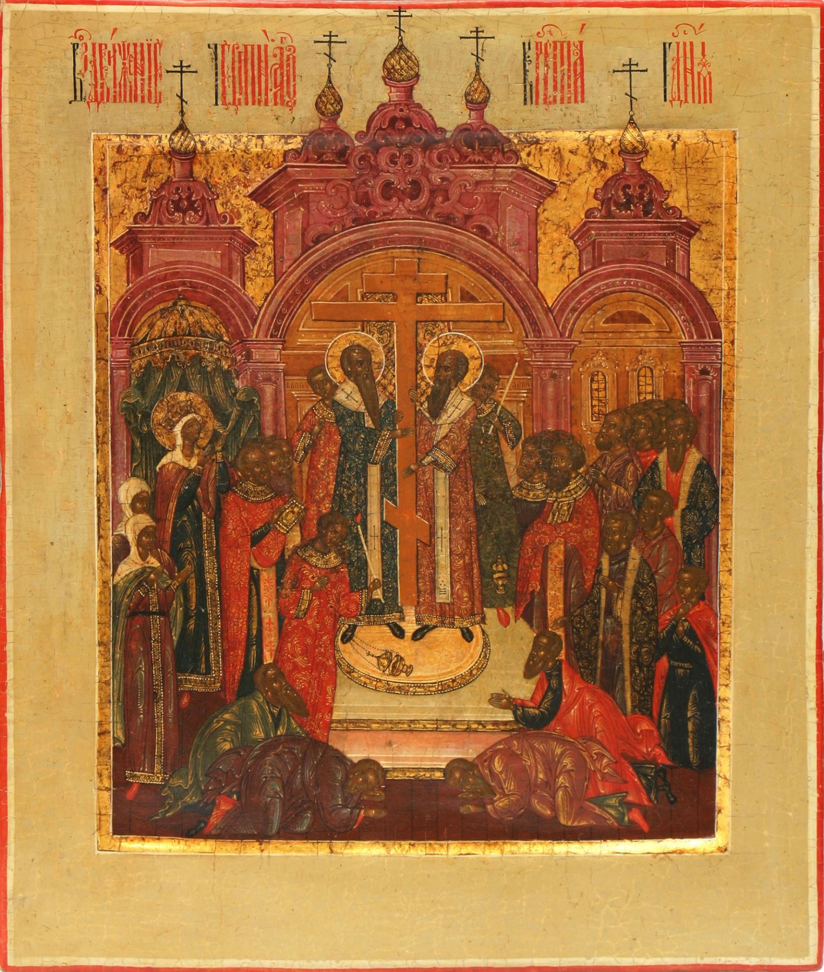 Russian icon. Elevation of the True and Life Giving Cross. Palekh (?),19th century. - 25x31 cm.