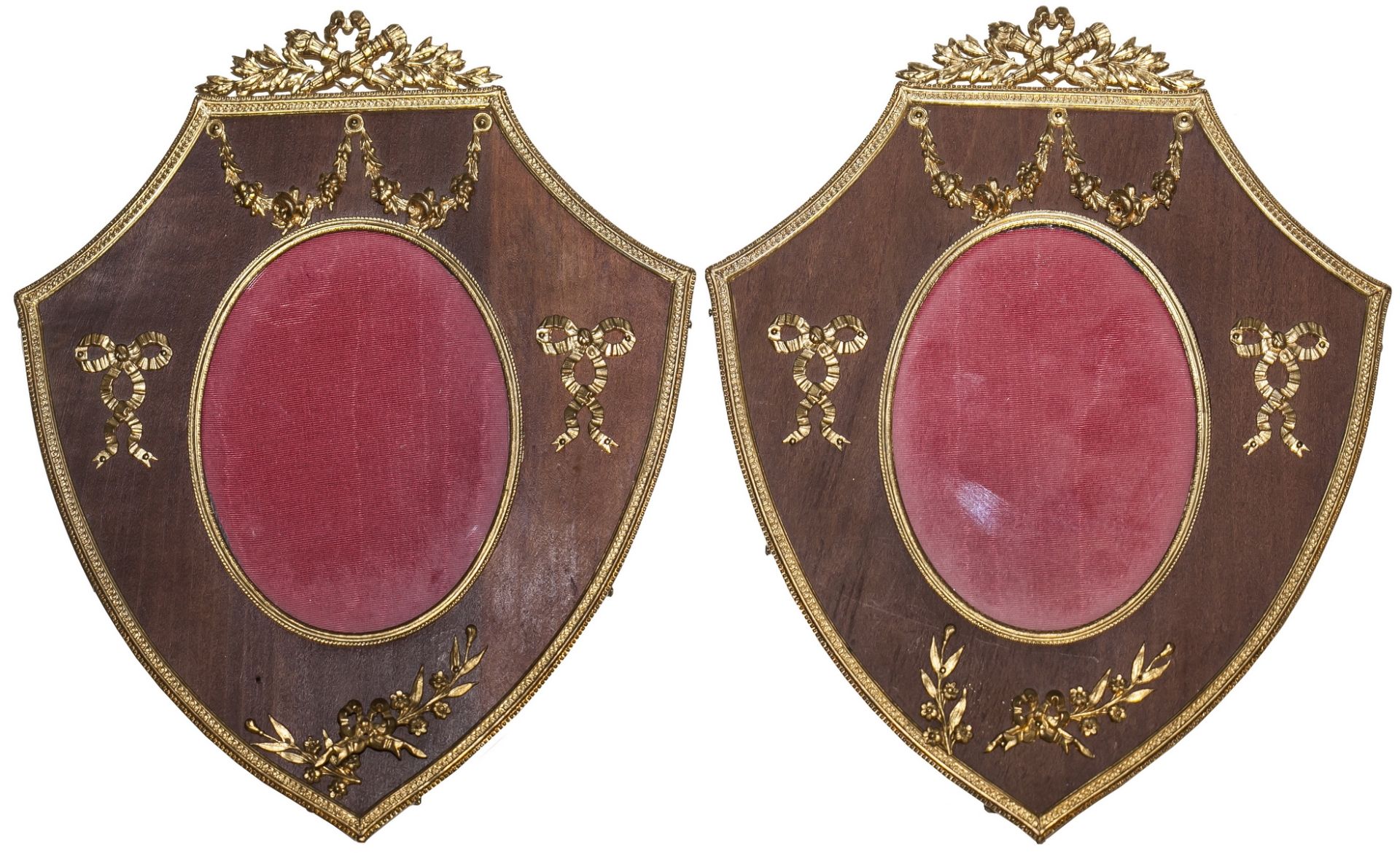 Two wooden frames in empire style with brass incrustations. Wood, brass, gilt, paint. Europe, 19th -