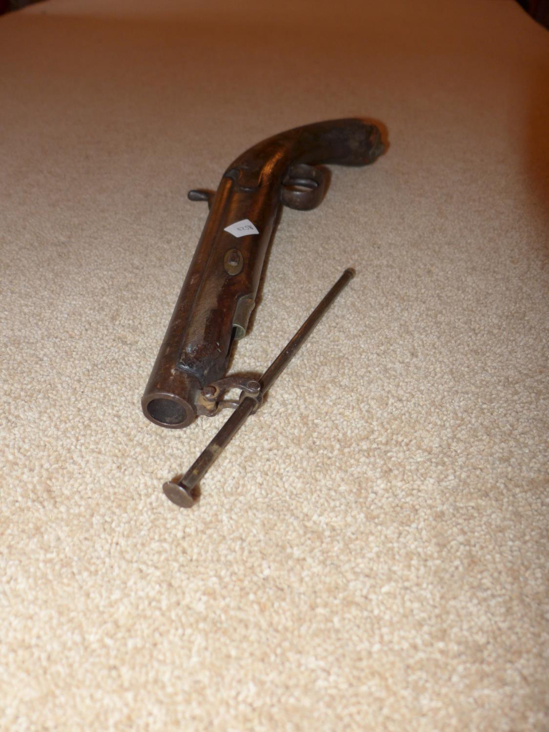 A PERCUSSION CAP PISTOL, THE ENGRAVED LOCK WITH MAKERS NAME, FRED BARNES, TOWER HILL, 18CM BARREL, - Image 3 of 5