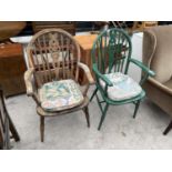 TWO OAK WHEEL BACK ARMCHAIRS, ONE PAINTED