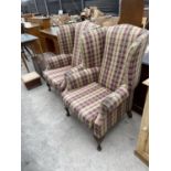 TWO WING BACK ARMCHAIRS ON CABRIOLE SUPPORTS