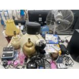 A LARGE ASSORTMENT OF ELECTRICALS TO INCLUDE TWO CAMERAS, A KENWOOD MIXER, TABLE FAN AND LAMPS ETC