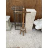 A MARBLE EFFECT PLANT STAND, METAL CAGE AND A WOODEN WASHING DOLLY