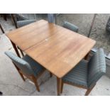 A RETRO TEAK EXTENDING DINING TABLE, 48x32.5" (EXTRA LEAF 21") TOGETHER WITH FOUR CHAIRS