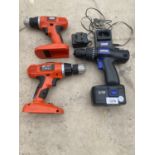THREE POWER DRILLS TO INCLUDE A NUTOOL AND TWO BLACK AND DECKER