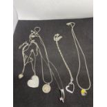 SIX SILVER NECKLACES TO INCLUDE FOUR WITH HEART PENDANTS