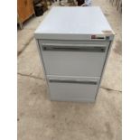 A TWO DRAWER METAL FILING CABINET TO INCLUDE KEY