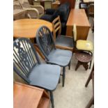 A TEAK FRAMED 1960'S CHAIR, PAIR OF WHEELBACK WINDSOR CHAIRS, A 1950'S KITCHEN CHAIR AND AN INDIAN