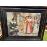 A LARGE WOODEN FRAMED PRINT OF A TUDOR STYLE STREET SCENE