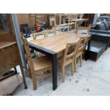 A MODERN PLANKED TOP DINING TABLE ON BLACK METAL SUPPORTS (59" X 31.5") WITH SIX CHAIRS (FOUR + TWO)