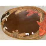 A WOODEN ORIENTAL STYLE PLATTER WITH KOI CARP DECORATION