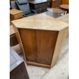 A RETRO OAK CORNER CABINET WITH SLIDING DOORS, 33" WIDE