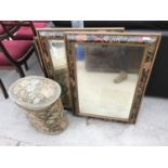 THREE DECORATIVE MIRRORS AND AN ENAMEL LAUNDRY BASKET WITH TAPESTRY COVERING AND FRINGE