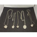 FIVE SILVER NECKLACES ALL MARKED 925 WITH LOCKETS BEARING 925, SILVER OR HALLMARKED