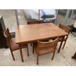 A RETRO TEAK DRAW-LEAF DINING TABLE, 49" (88" EXTENDED)x33.5", TOGETHER WITH FOUR CHAIRS