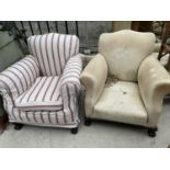 TWO LATE VICTORIAN SPRUNG AND UPHOLSTERED EASY CHAIRS ON MAHOGANY ROPE EDGE BASE WITH BALL AND