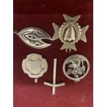 FIVE SILVER FOBS ALL MARKED TO INCLUDE A CROSS, ST CHRISTOPHER, MEDAL STYLE ETC