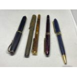 FIVE VARIOUS PENS TO INCLUDE FOUR FOUNTAIN PENS AND A BIRO