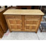 AN OLD CHARM STYLE ELM DRESSER WITH TWO DOORS AND TWO DRAWERS