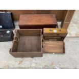 A VINTAGE TOOL CHEST, A VINTAGE JOINERS CHEST AND A FURTHER WOODEN CRATE