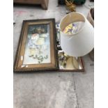 A FRAMED PRINT, TWO MIRRORS A TABLE LAMP AND PLACE MATS