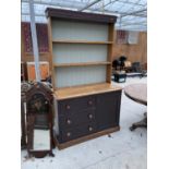 A VICTORIAN PINE KITCHEN DRESSER WITH ONE DOOR, THREE DRAWERS AND UPPER PLATE RACK - 48" WIDE