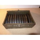 A GREEN PAINTED BREN GUN MAGAZINE CASE CONTAINING TWELVE MAGAZINES