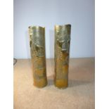 A PAIR OF EARLY 20TH CENTURY TRENCH ART AND BRASS SHELL CASES, HEIGHT 33CM