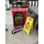 VARIOUS ITEMS TO INCLUDE A GOLF 'CADDY, LOYAL SMART & ALERT' SIGN, TWO FIRE EXTINGUISHER STANDS, TWO