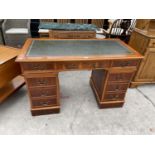 A YEW WOOD KNEE HOLE DESK WITH NINE DRAWERS AND LEATHER WRITING SURFACE - 48" X 24"