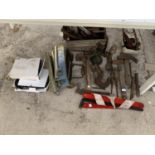 A LARGE ASSORTMENT OF VINTAGE HAND TOOLS TO INCLUDE A METAL HOOK AND LOFT FIXING KITS ETC